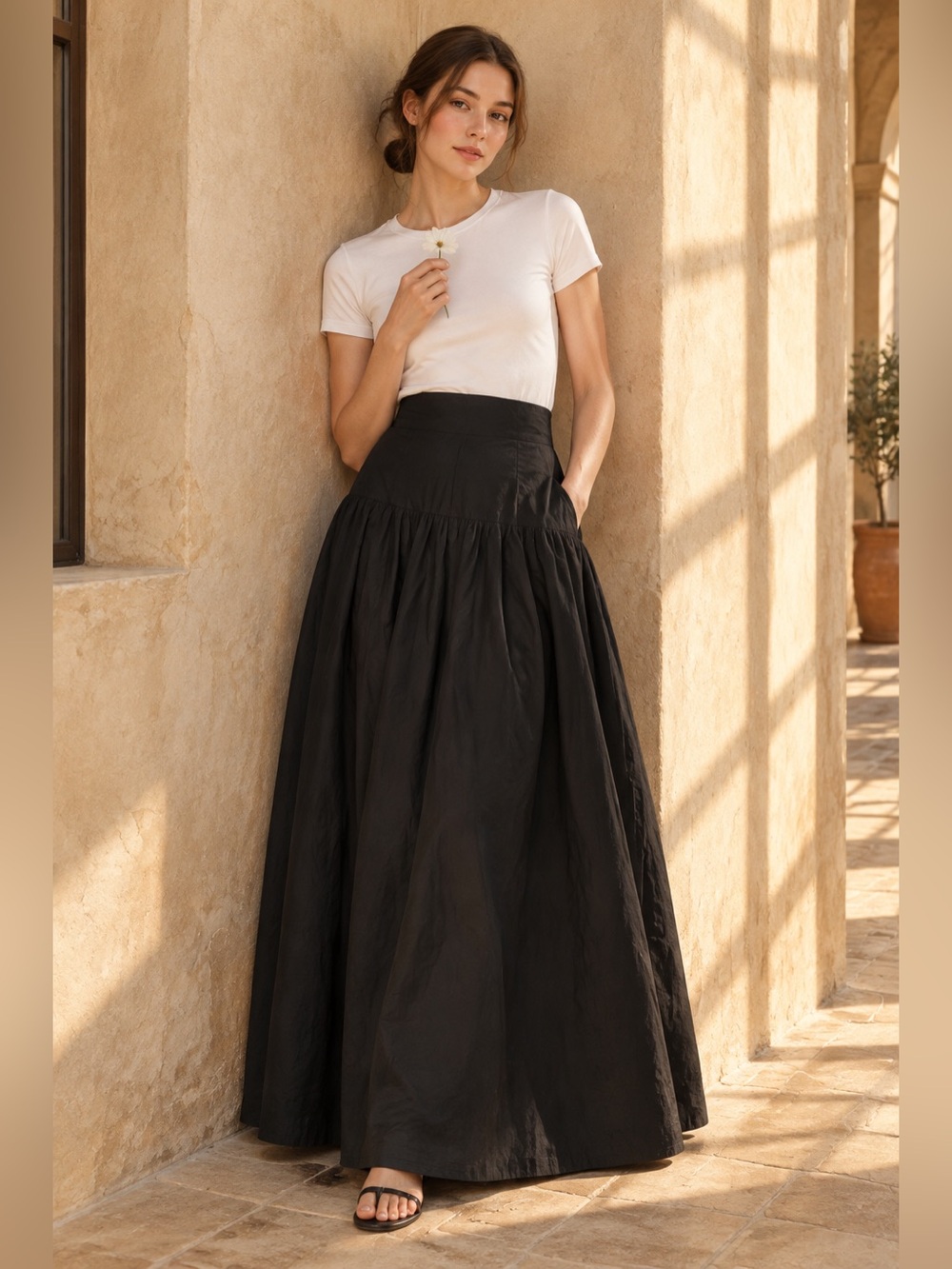 ASOS DESIGN Black Cotton Poplin Drop Waist Maxi Skirt